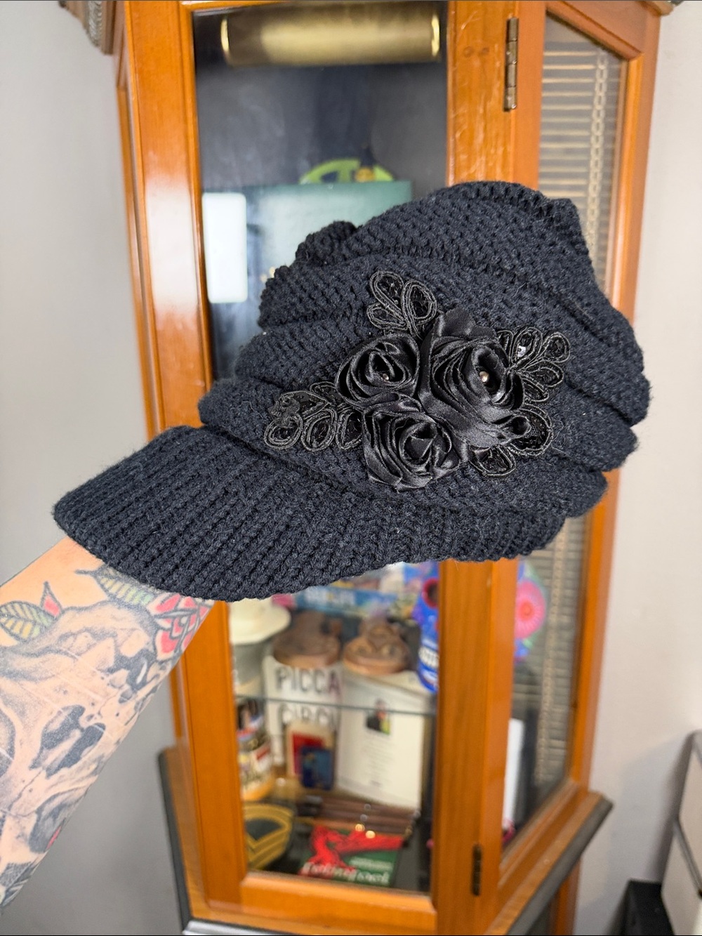 C.C Black Knit Visor Cap with Rose Appliqué
